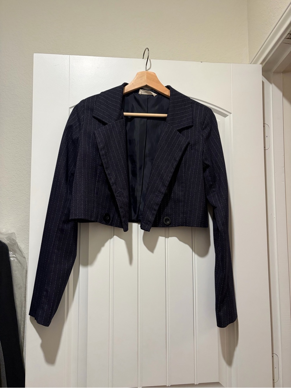Eggie Cropped Pinstripe Navy Blazer
